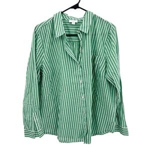 J Jill Relaxed Striped Button Up Shirt L Green White Coastal Resort‎ Cotton Top